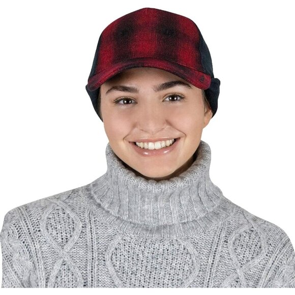 〽️Women’s  Red Plaid Winter Ponytail Trucker Hat with Drop-Down Ear Warmers main image 4